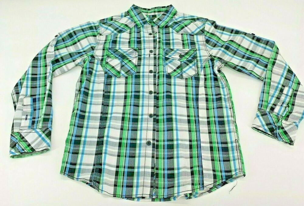 Chalc Boys Button Up Shirt Plaid Long Sleeve Cotton Green Sz L 10/12